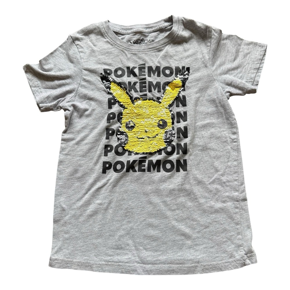 Pokemon Pikachu Flip Sequin Graphic T Shirt Gray Kids Medium Interactive